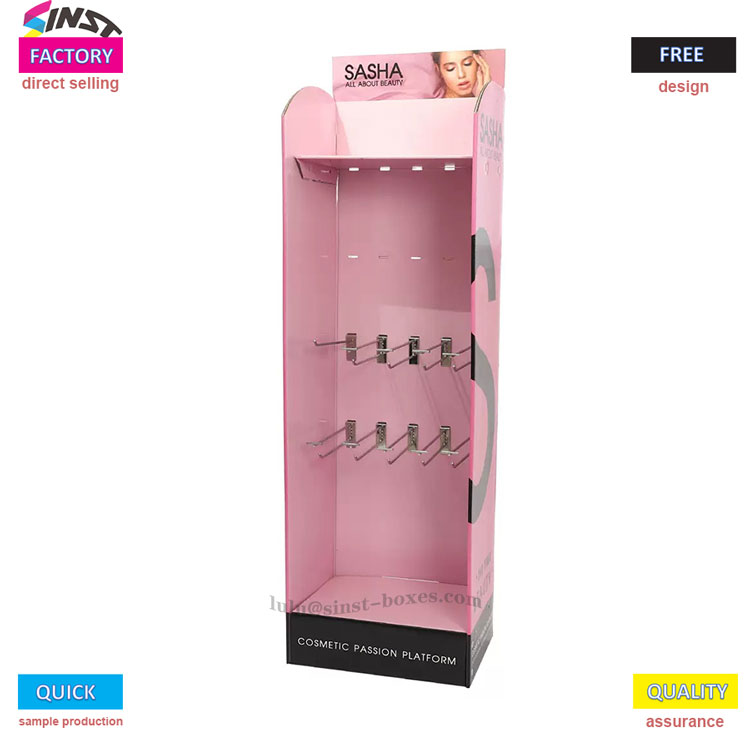 Cosmetics display rack with hooks